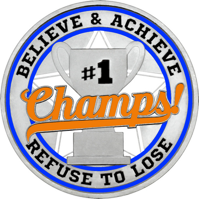 Orange "Champs!" with Royal Blue Outer Circular Borders